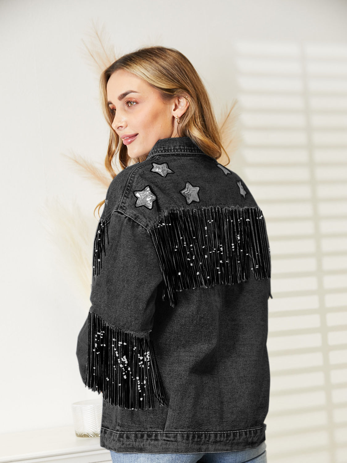 Fringe Detail Long Sleeve Denim Jacket - Fashorio