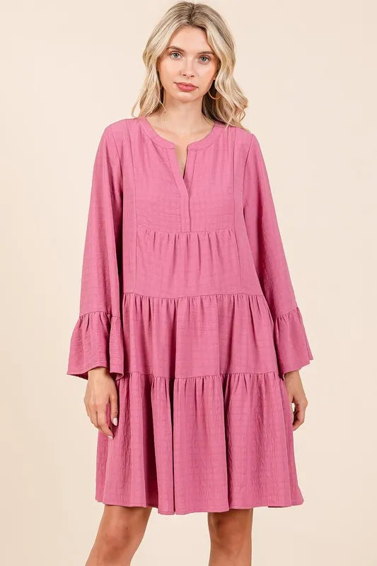 Pink tiered notched flare sleeve dress front view