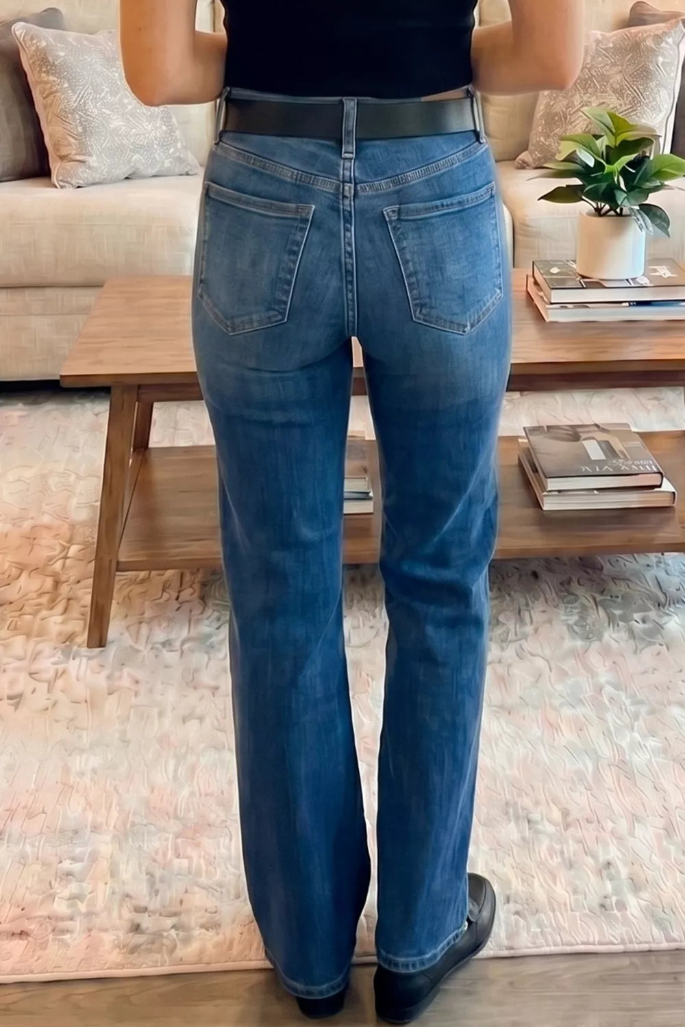 Navy straight leg denim side profile