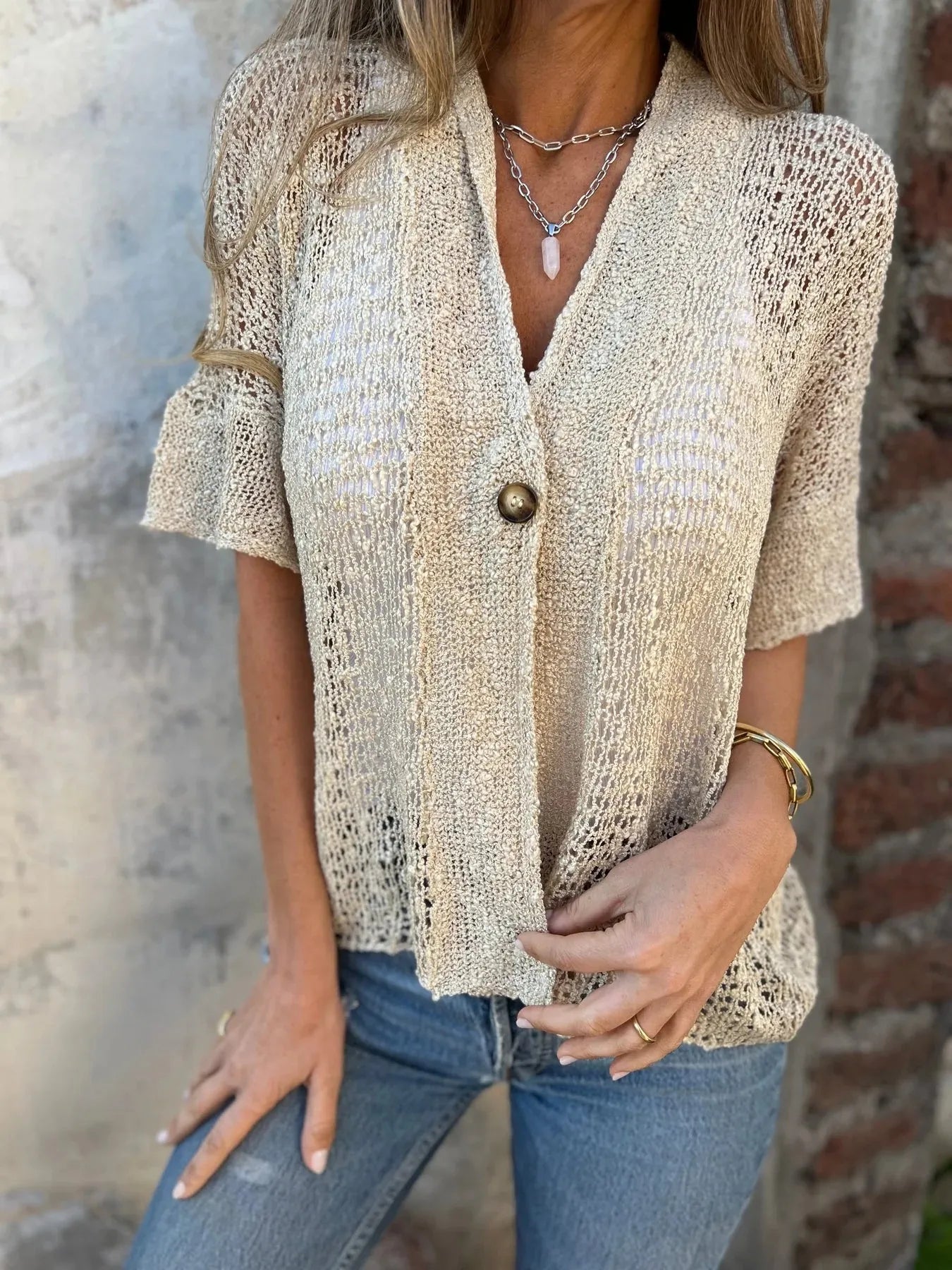 Full Size One Button Openwork Cardigan Plus Size - Fashorio