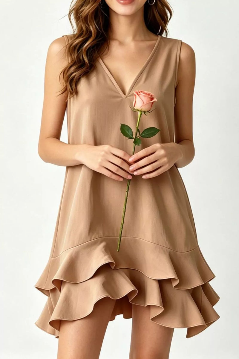 Sleeveless V neck ruffle hem mini dress front view