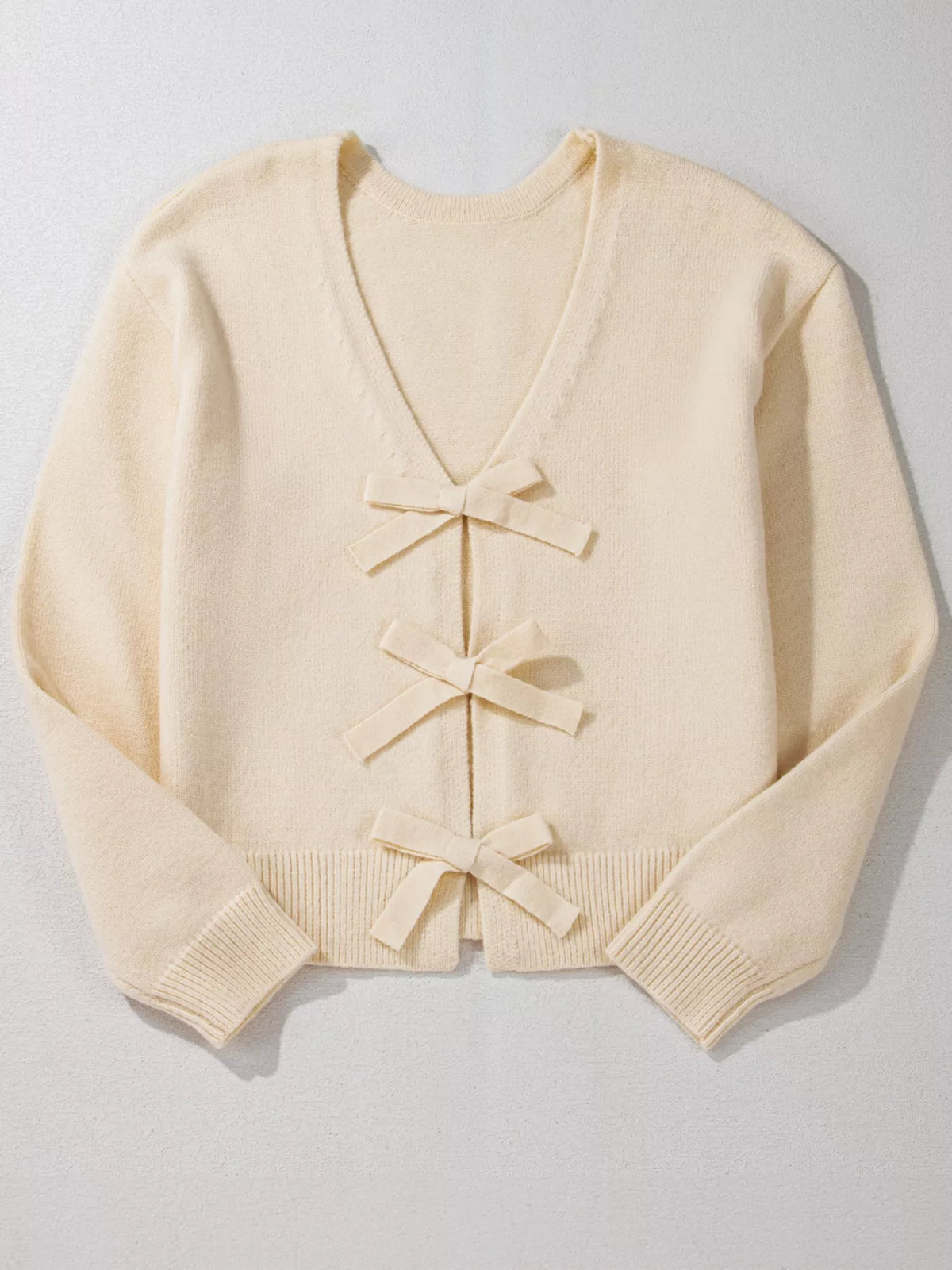 Bow front long sleeve cardigan side view