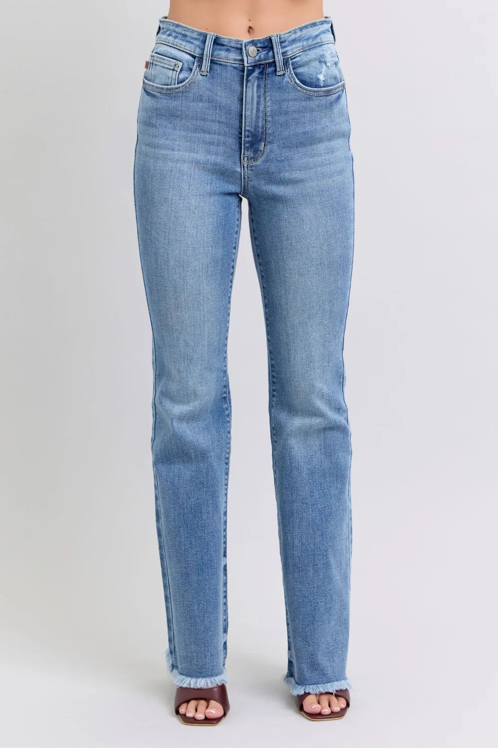 Judy Blue Full Size Raw Hem High Rise Bootcut Jeans Medium - Fashorio