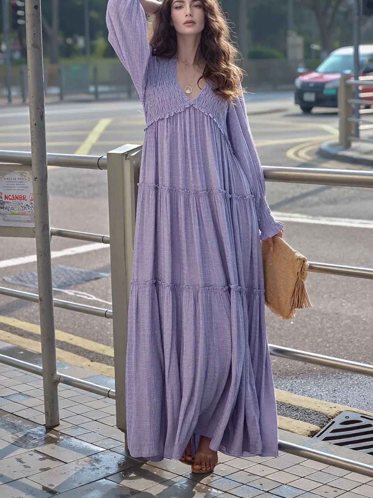 v neck long sleeve tiered maxi dress front view