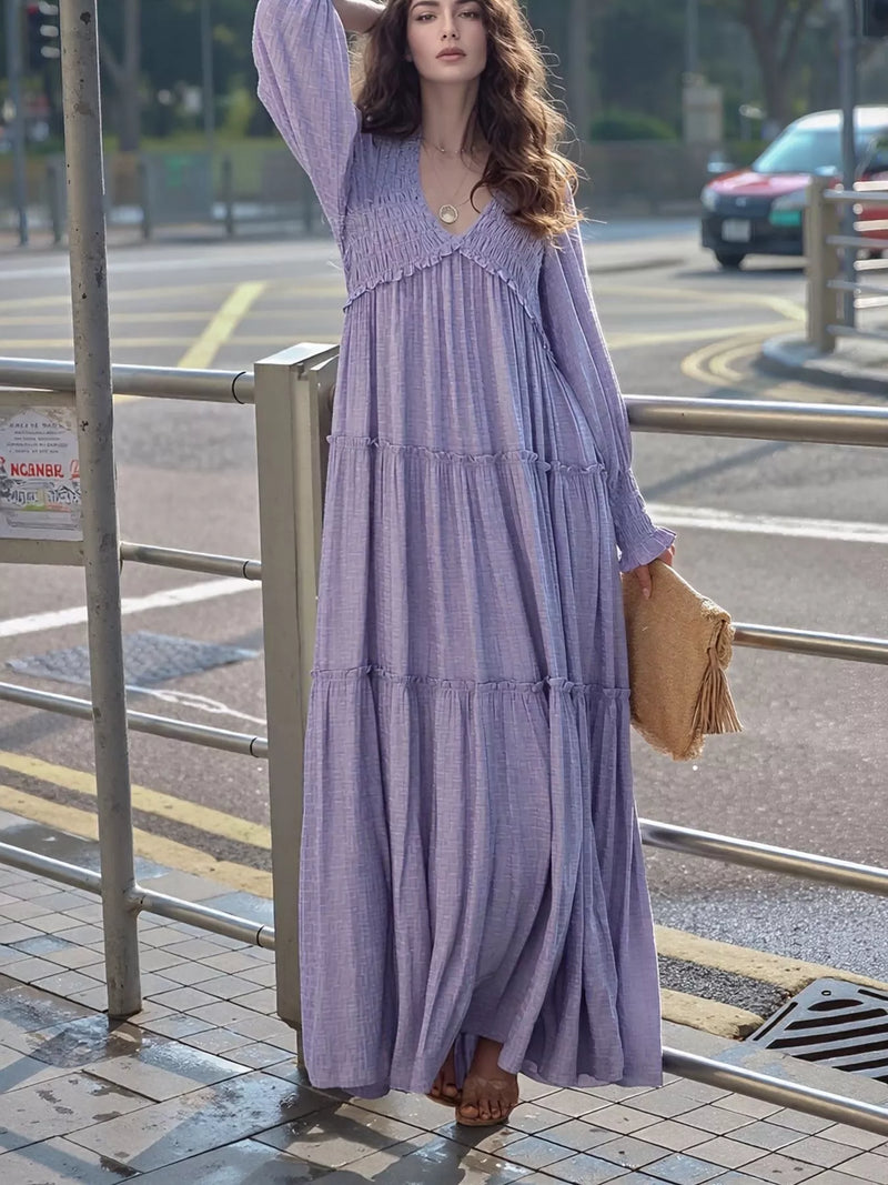 v neck long sleeve tiered maxi dress front view
