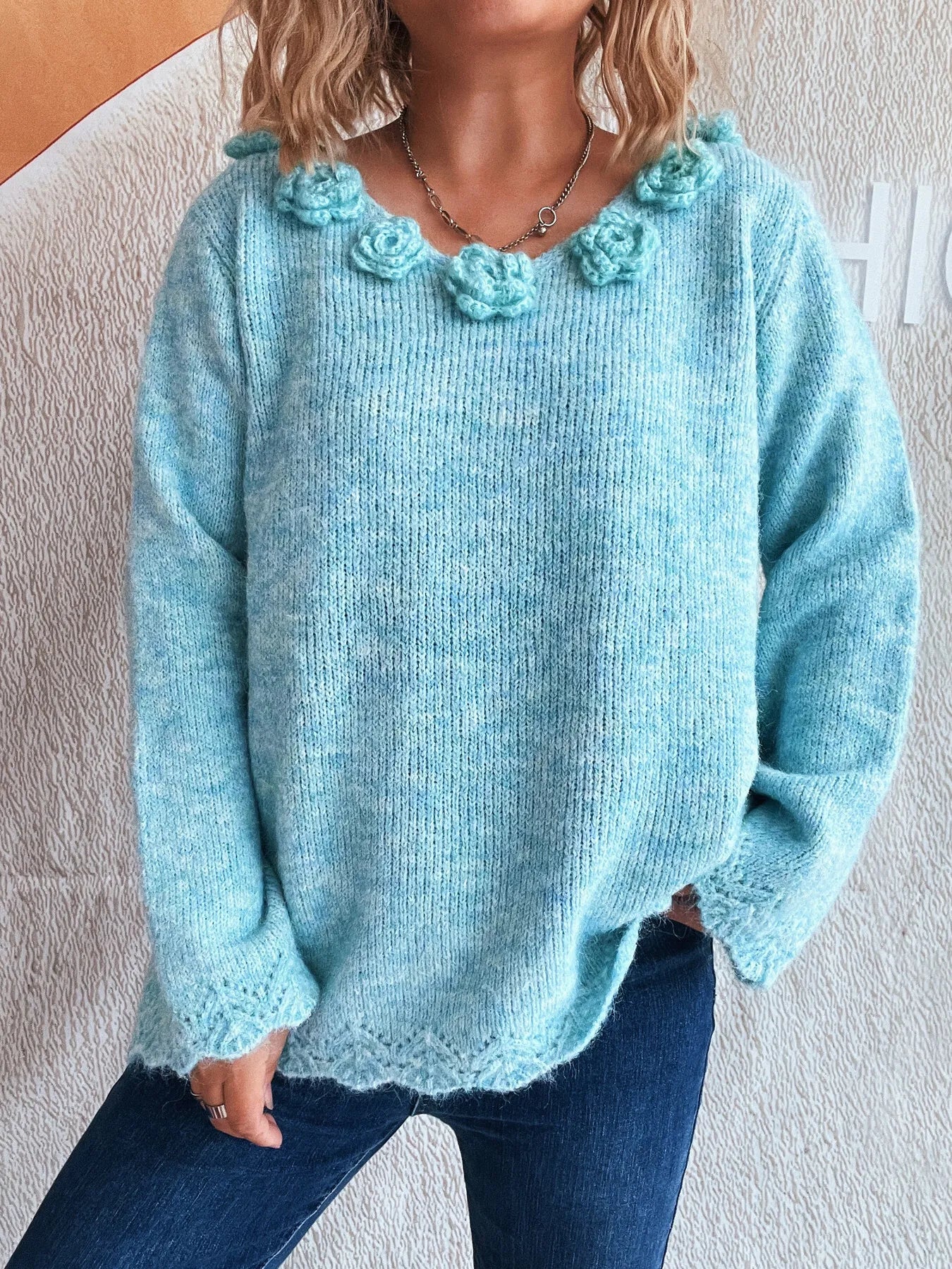 Flower V-Neck Long Sleeve Sweater - Fashorio