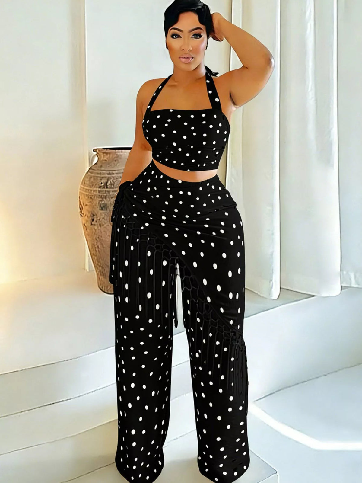 Polka Dot Halter Cami and Fringe Pants Set, view 9
