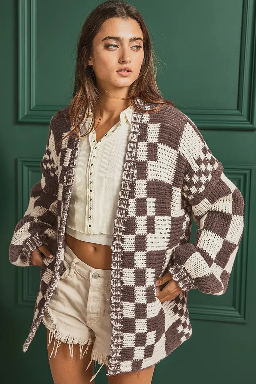 Checkered Open Front Long Sleeve Cardigan - Fashorio