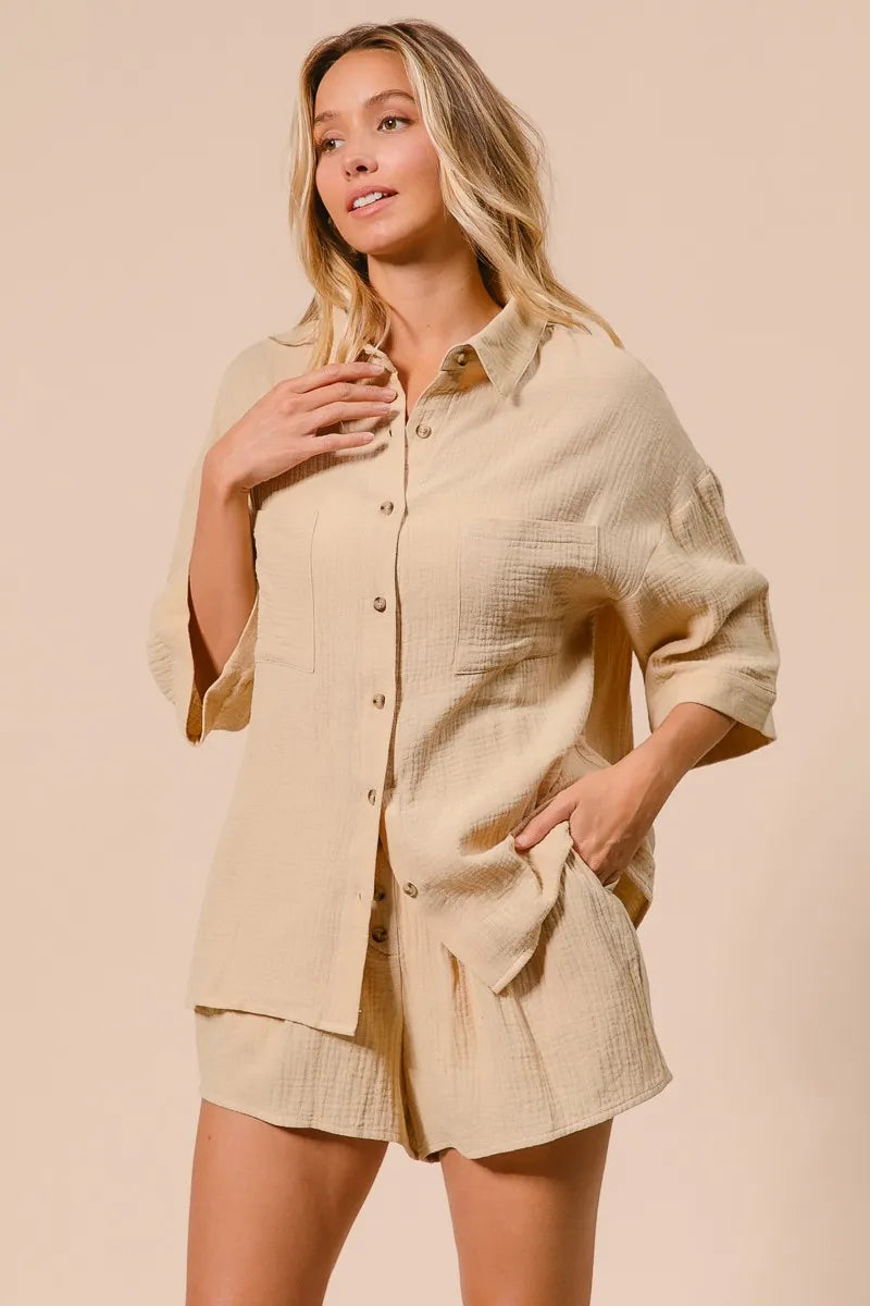 BiBi Crinkle Gauze Shirt and Short Set - Fashorio