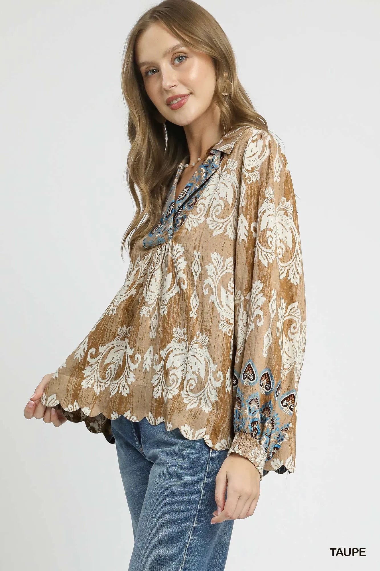 Umgee Floral Boho Blouse with Scalloped Hem - Fashorio