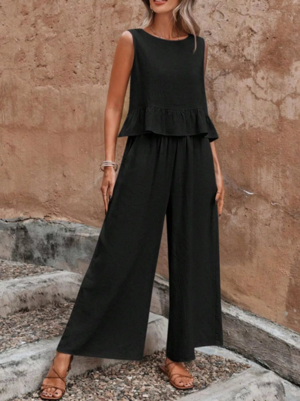 Sleeveless Ruffle Hem Top and Wide Leg Pants Set, view 11