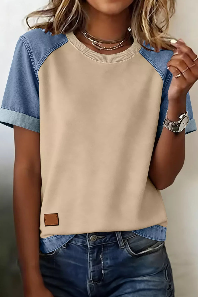 Tan patchwork denim color block round neck short sleeve tee front view