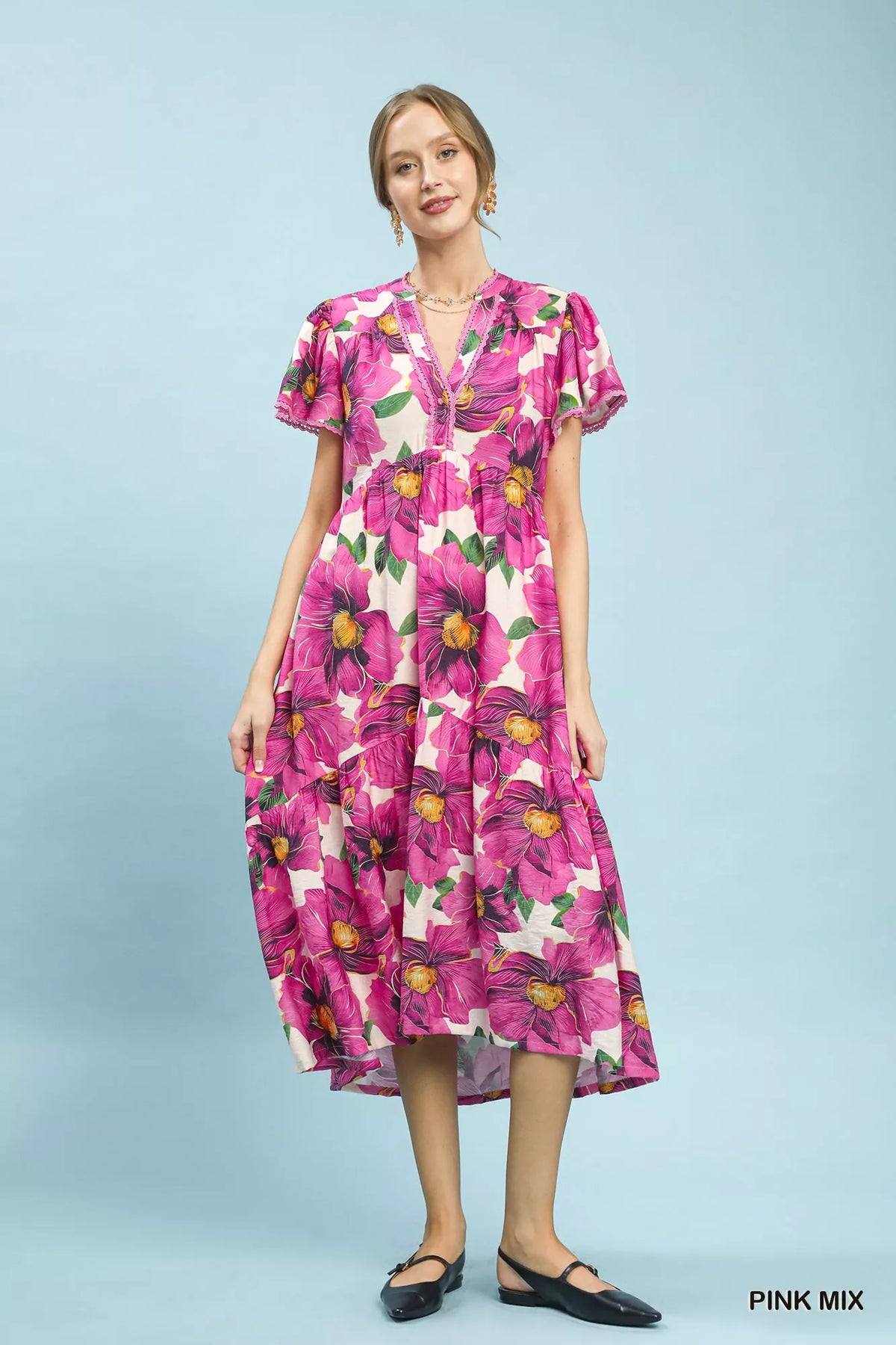 Pink tropical floral v neck flutter sleeve tiered midi dress full length view