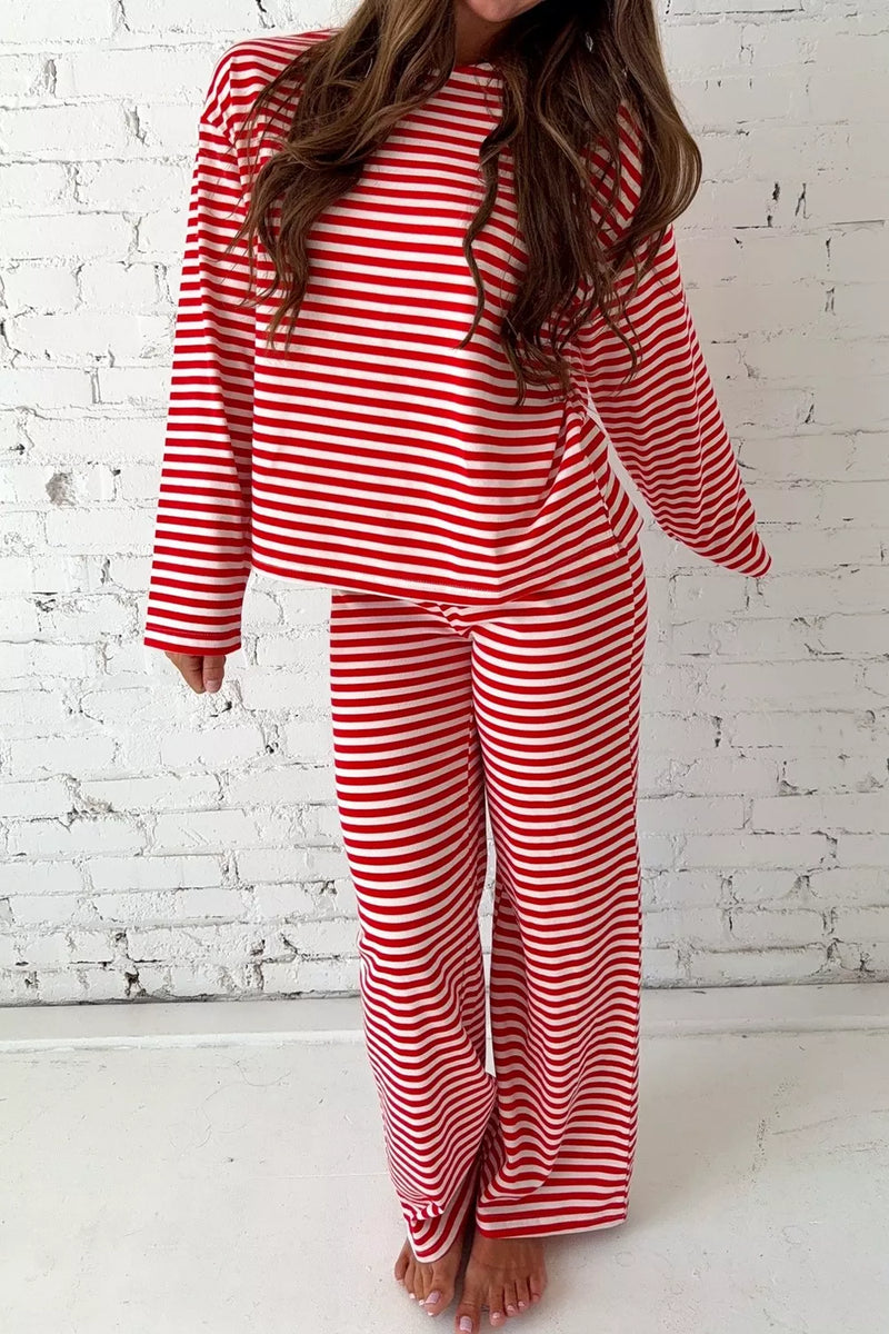 Striped round neck top and pants set front view