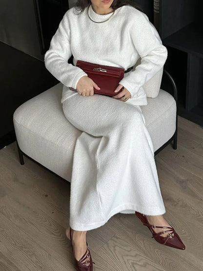 Round Neck Dropped Shoulder Top and Midi Skirt Sweater Set - Fashorio
