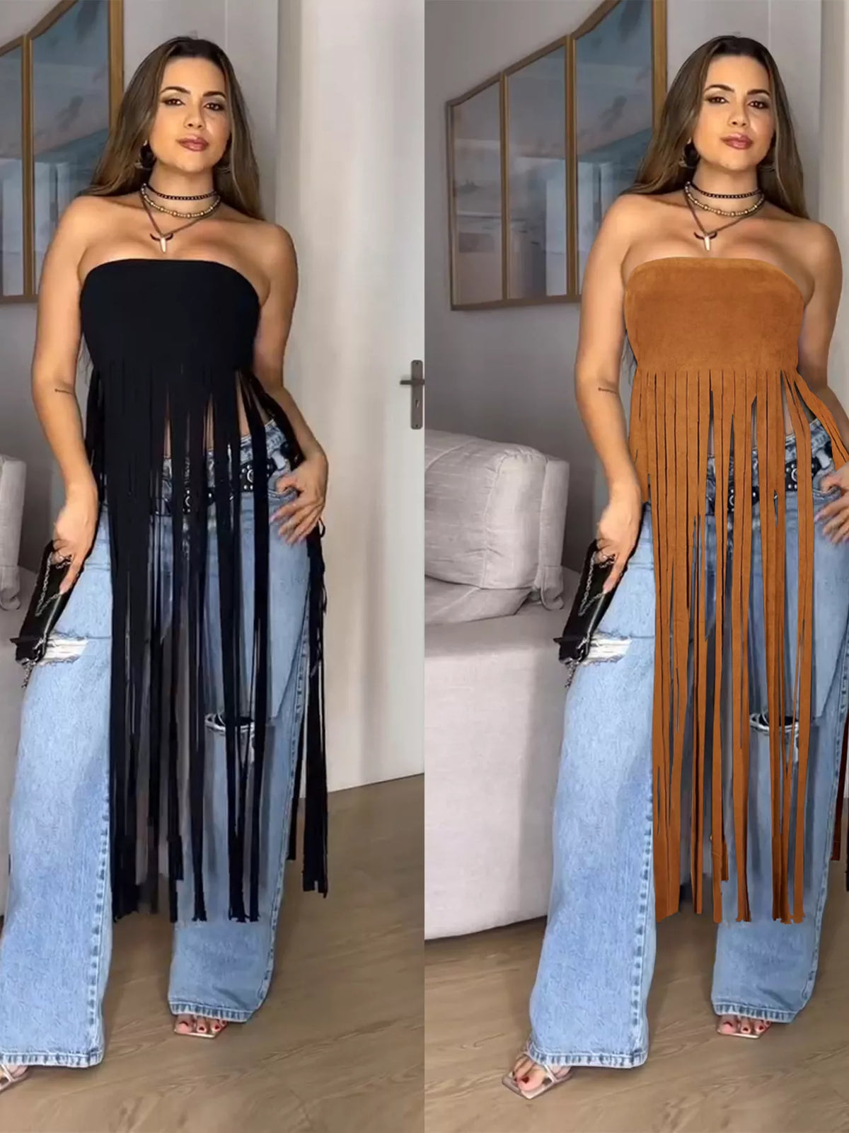 Black fringe tube top on model