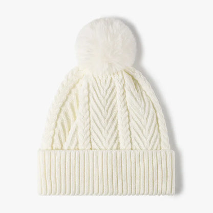Cable Knit Solid Color Hat with Pompom Cream One Size - Fashorio