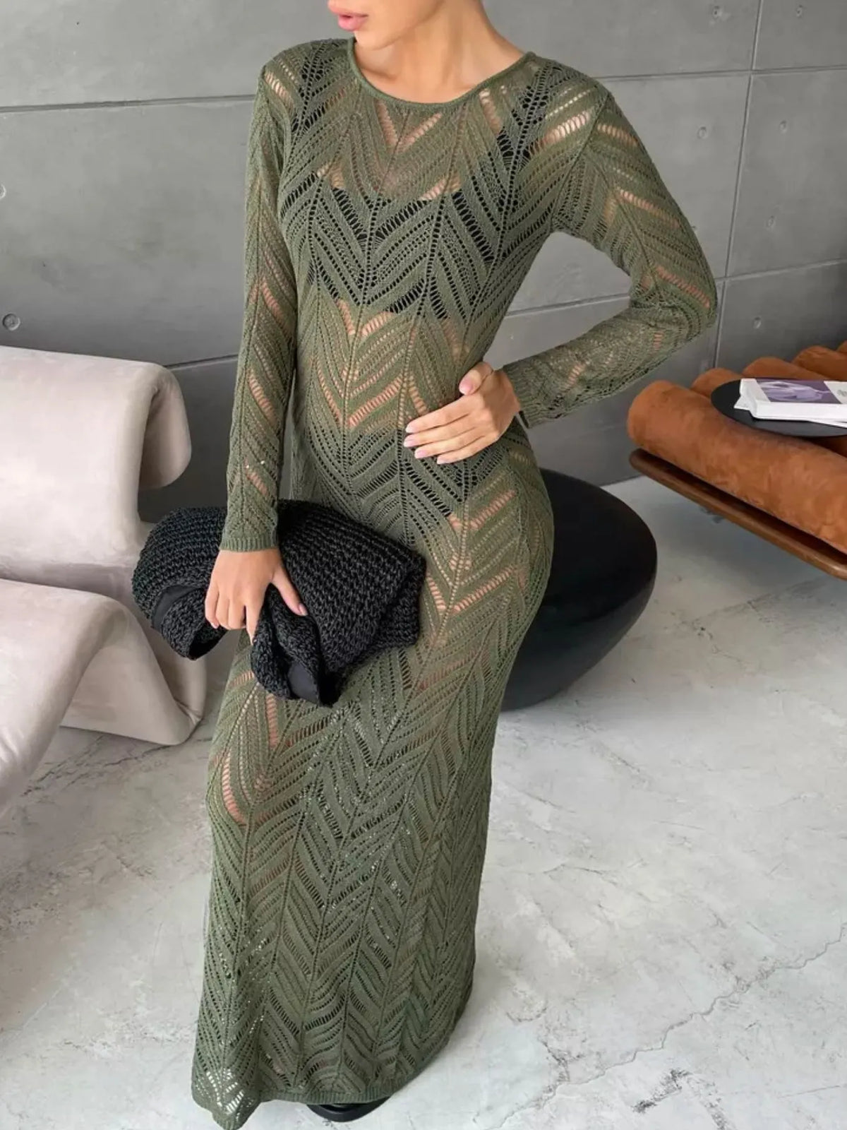 openwork knit long sleeve cover up maxi dress front view
