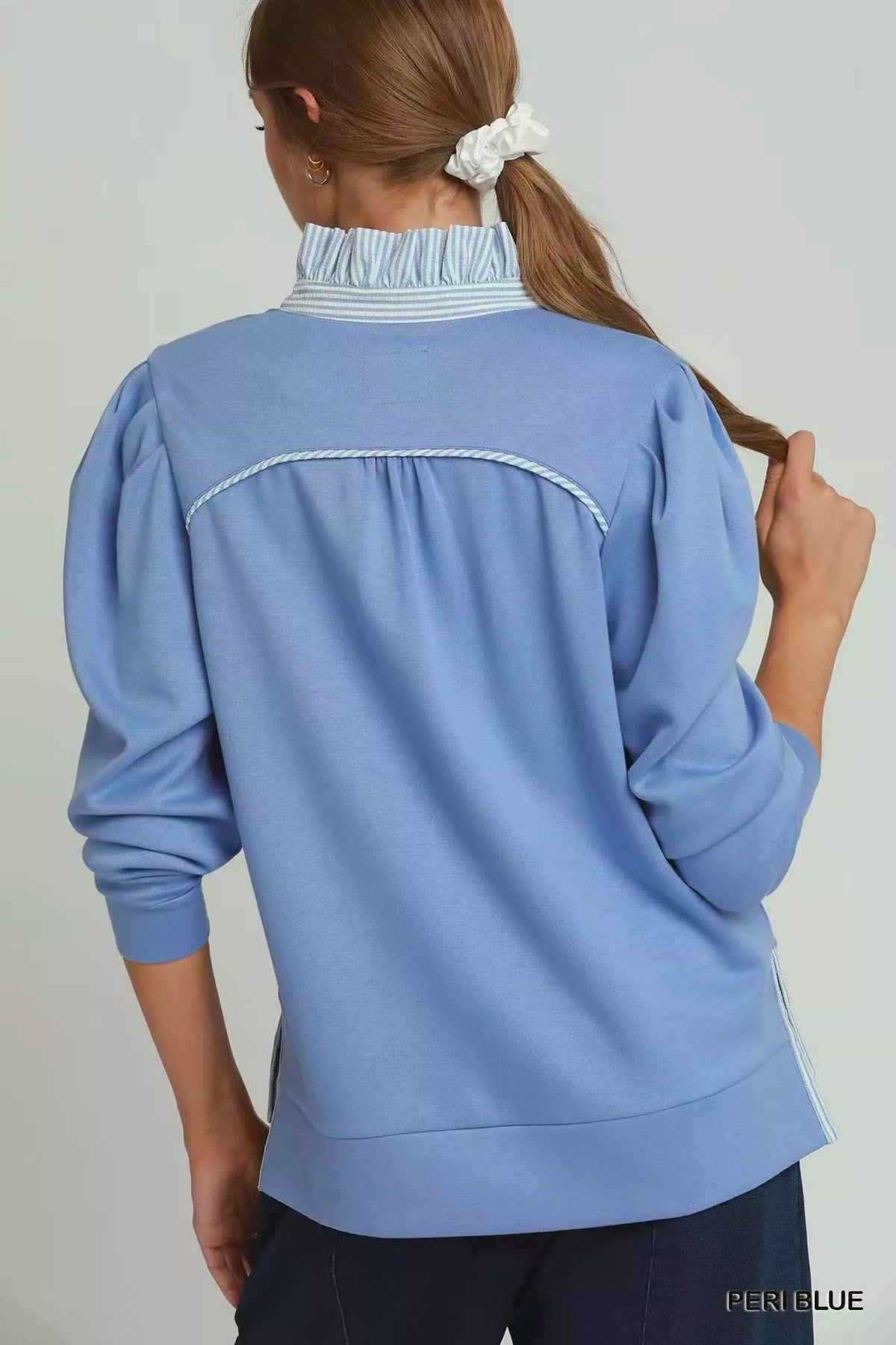 Umgee peri blue stripe ruffle neck long sleeve top side view