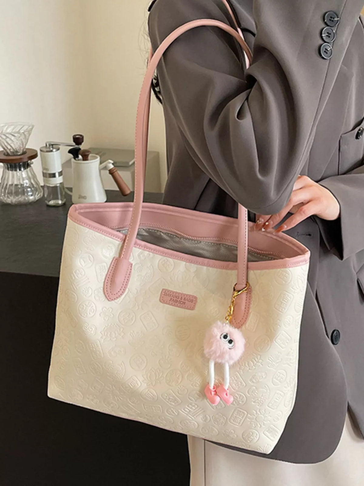 White PU leather embossed bag side profile