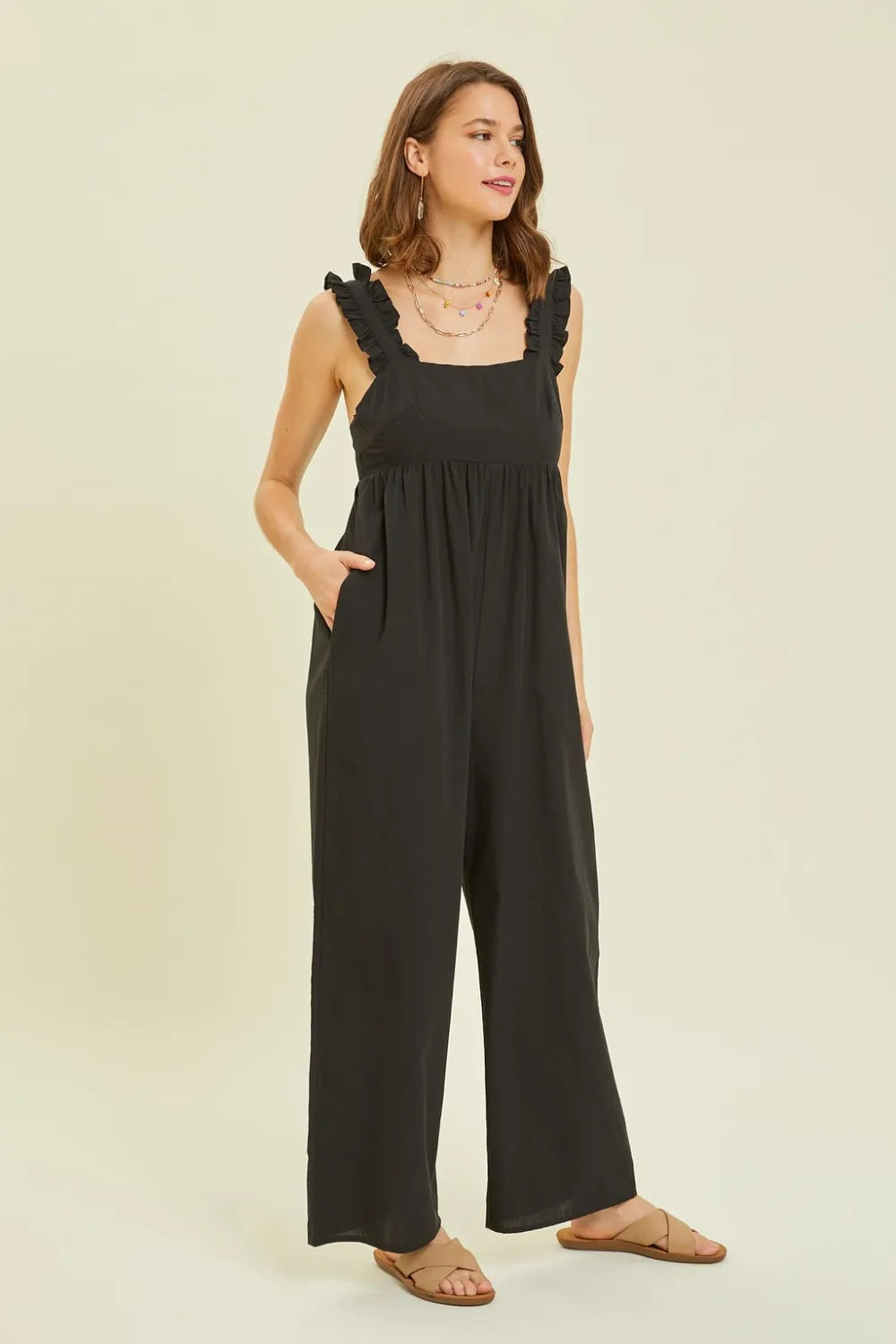 Ruffled Strap Back Tie Wide Leg Jumpsuit detail