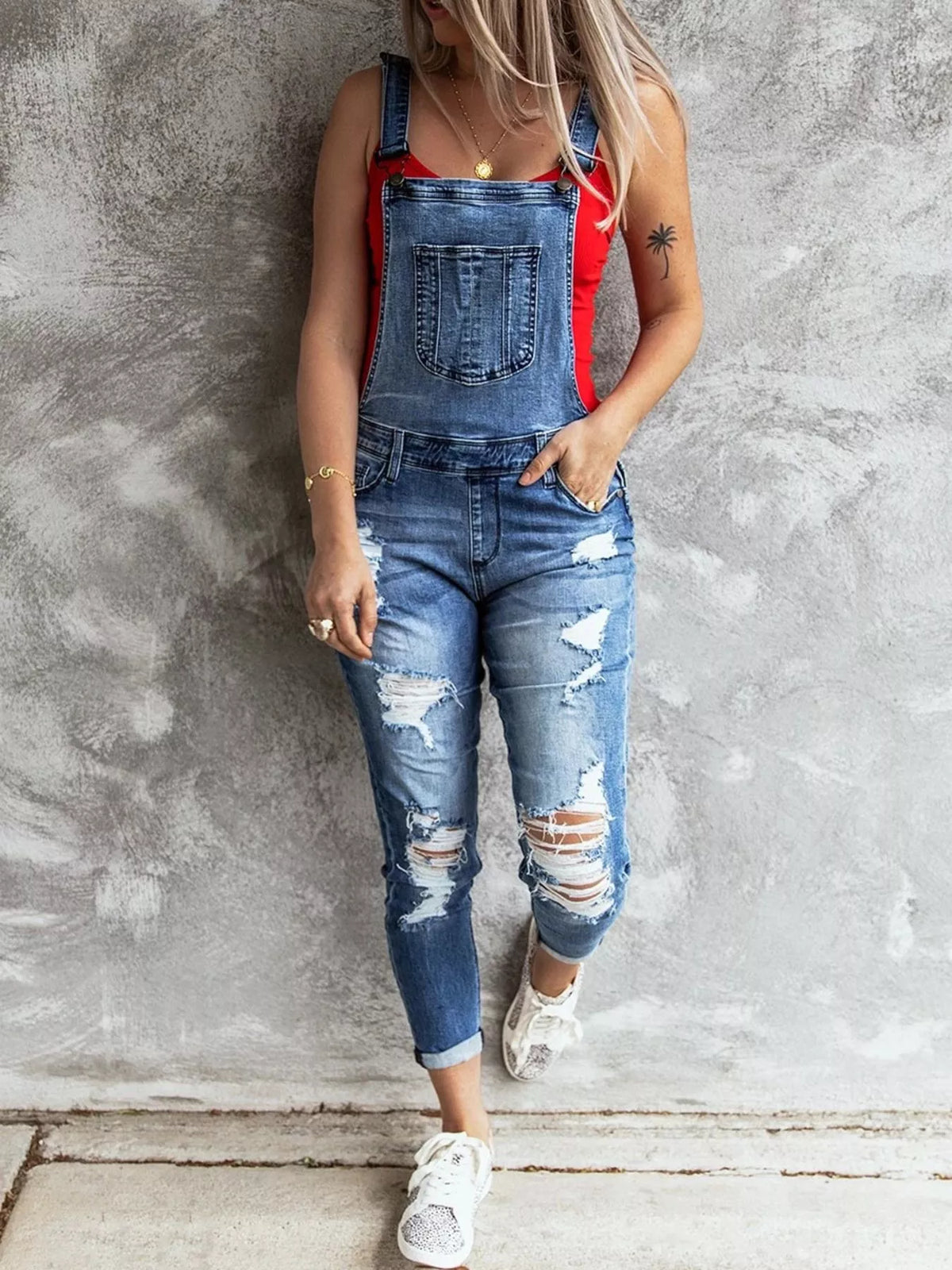 Wide strap distressed denim overalls front view