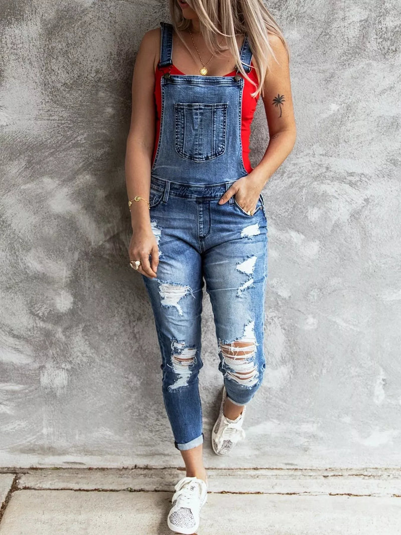 Wide strap distressed denim overalls front view