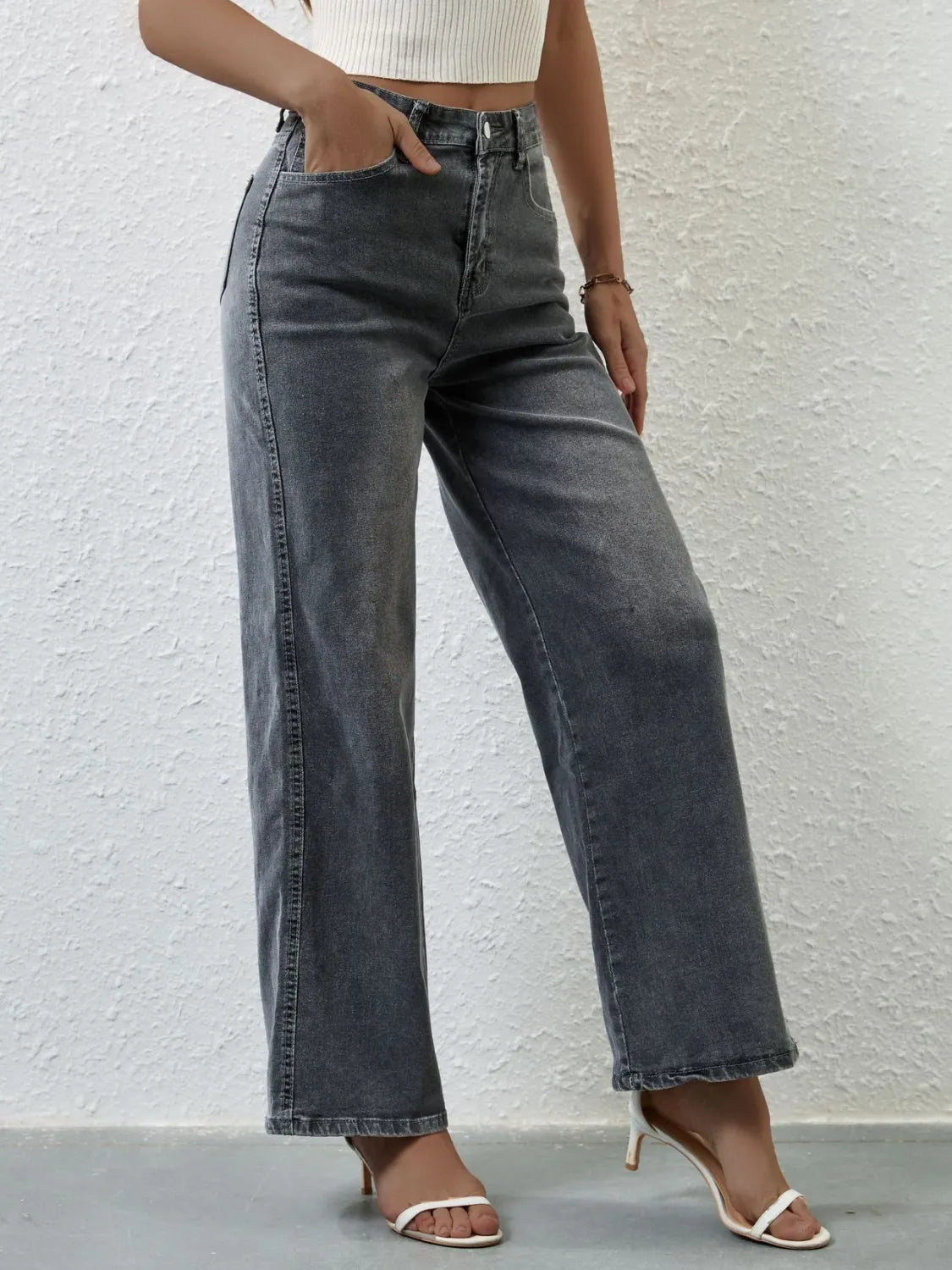 Wide leg jeans styled with loafers