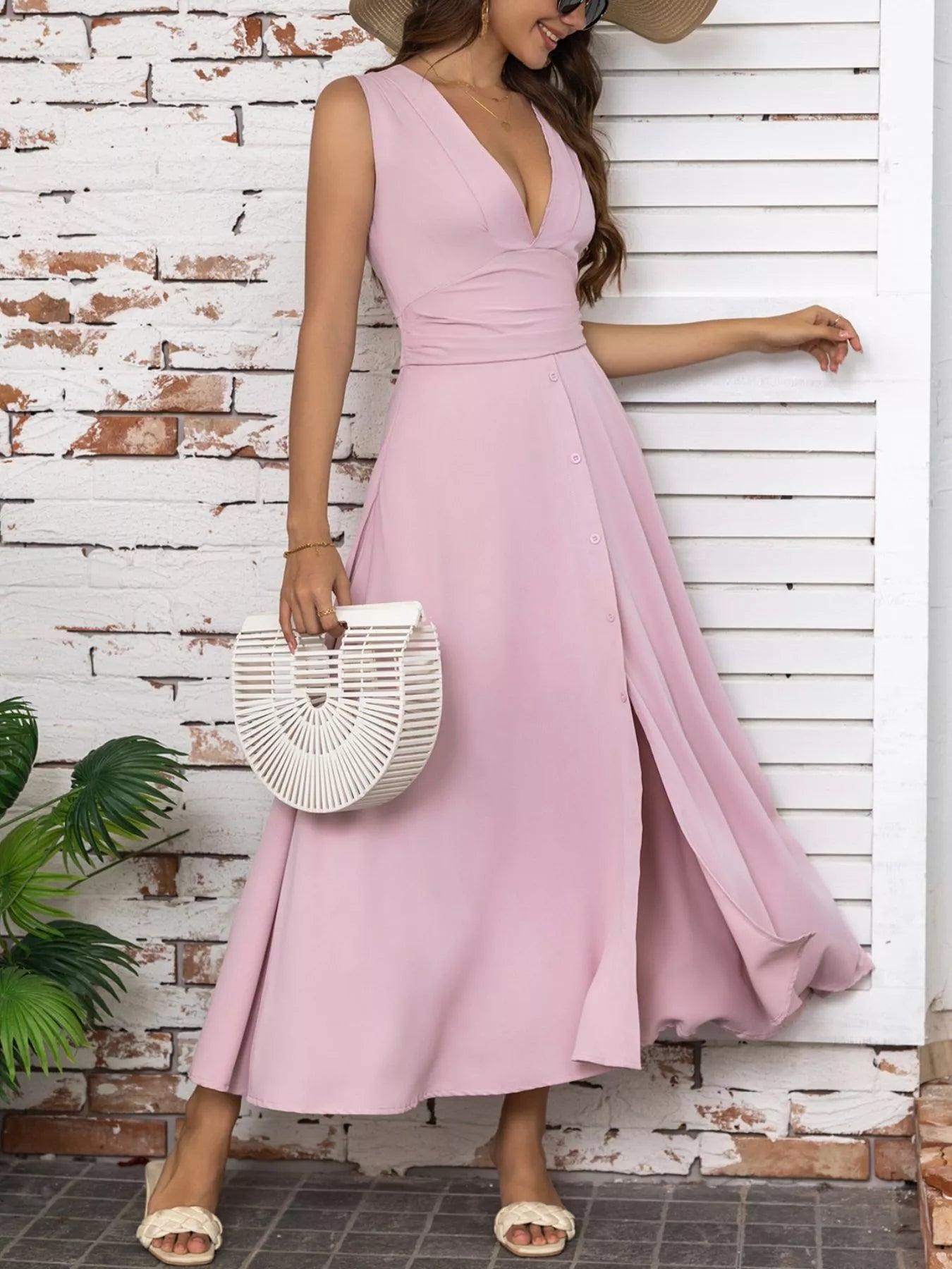 Full Size Slit V-Neck Sleeveless Dress Plus Size Pink - Fashorio