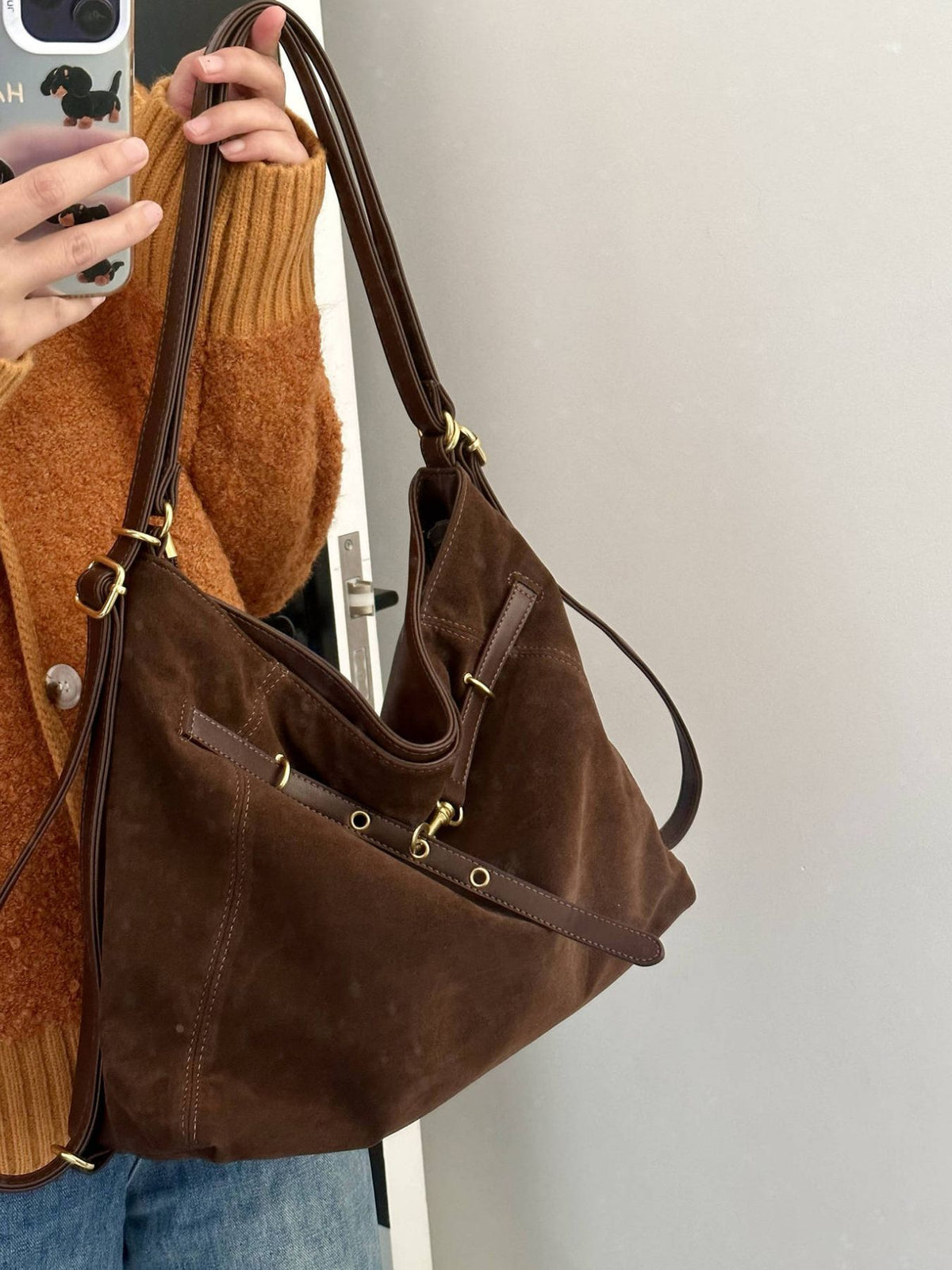 Brown nylon adjustable strap shoulder bag front view