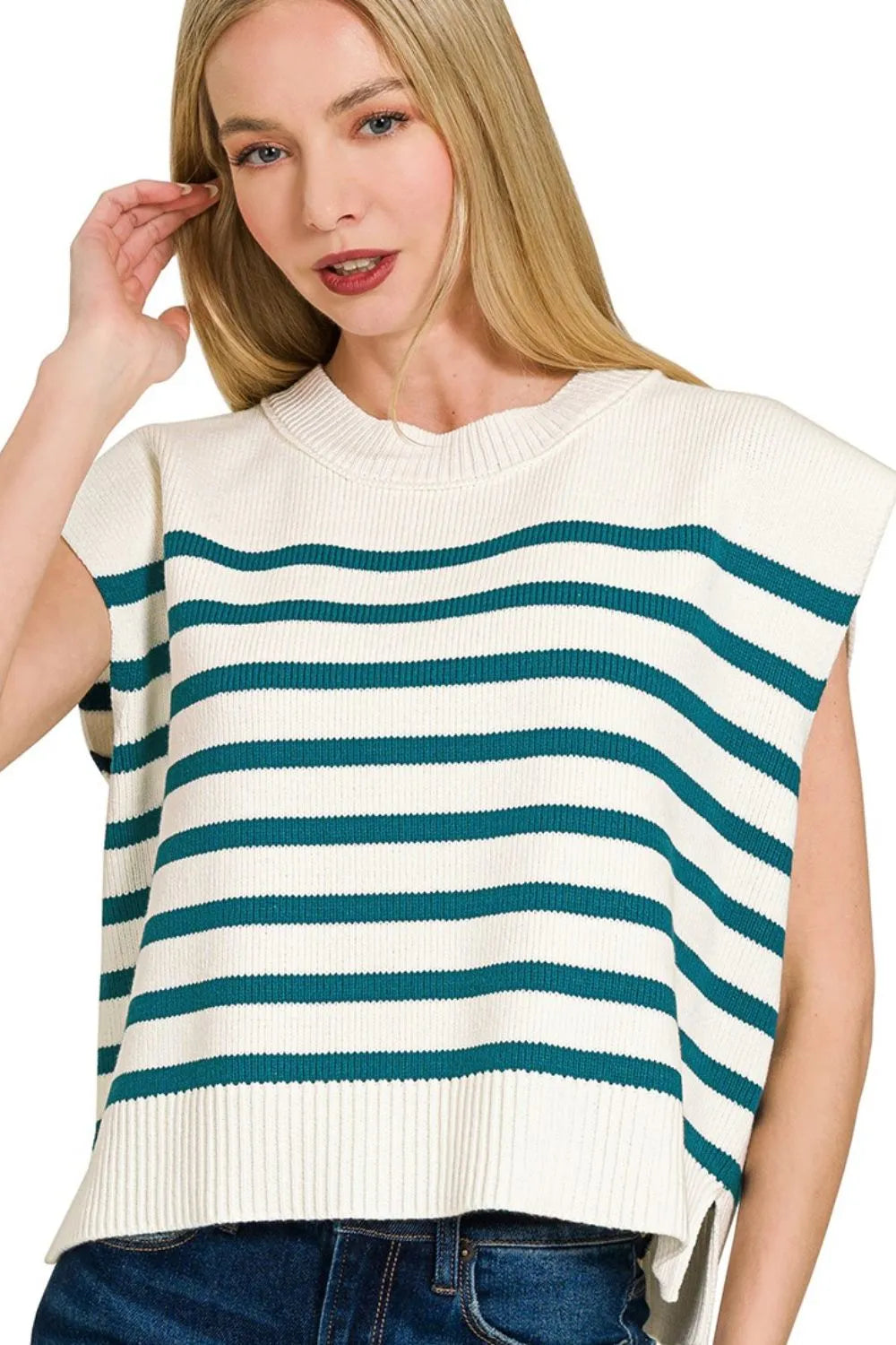 Oversized Striped Crew Neck Sweater Vest in Teal