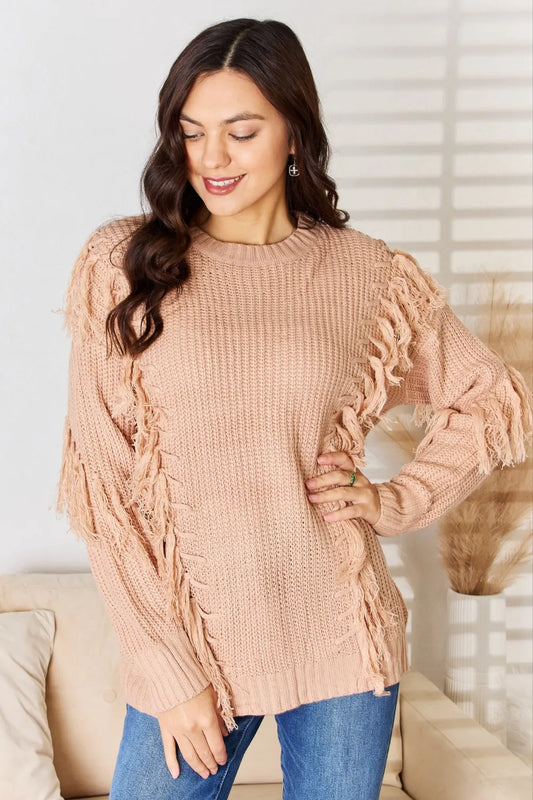 And The Why Tassel Detail Long Sleeve Sweater DUSTY PINK - Fashorio