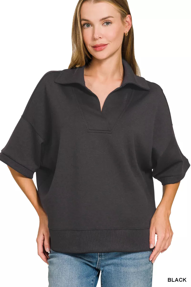 Black scuba collared short sleeve pullover front view