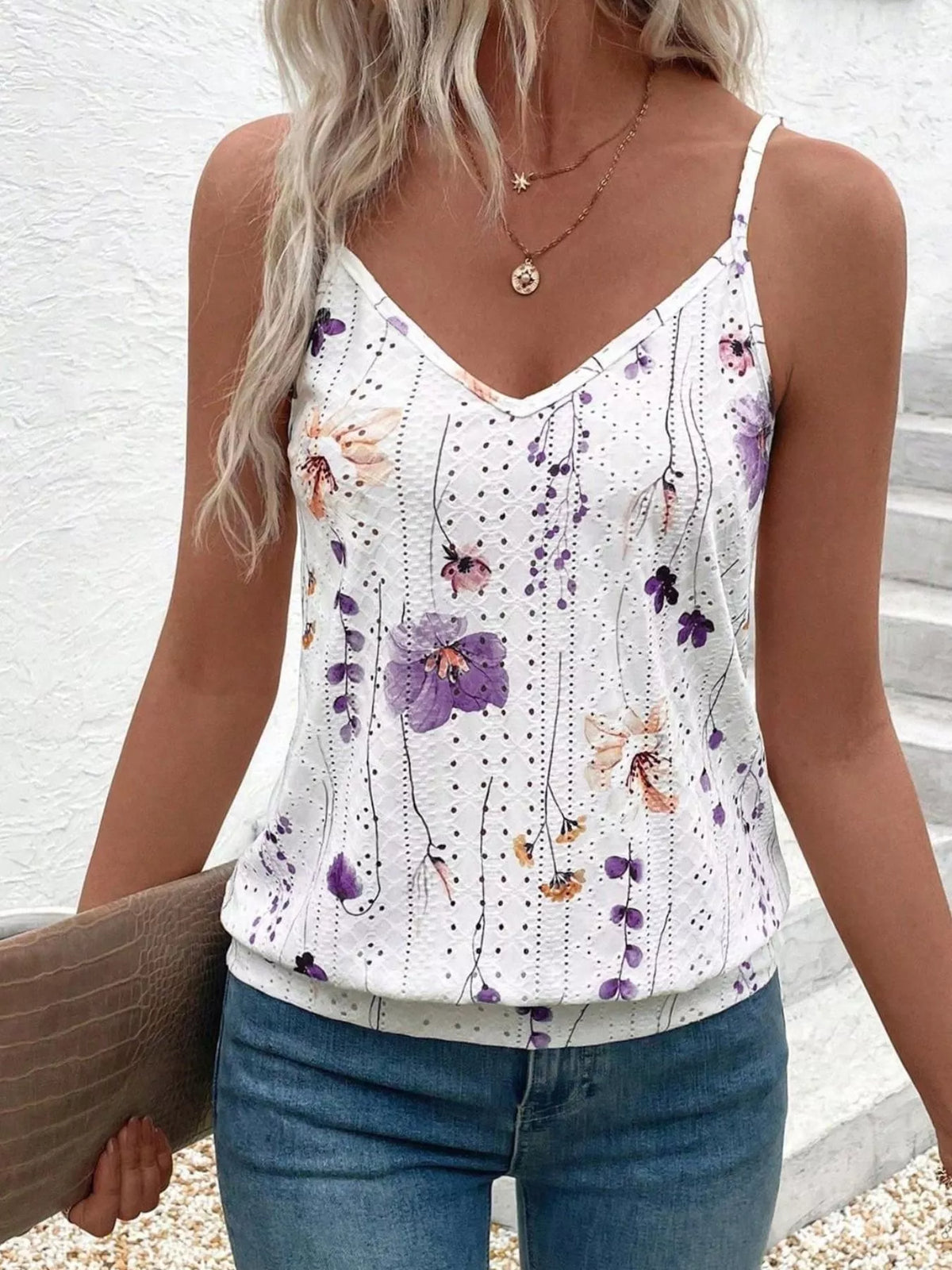 floral print v neck cami full length view