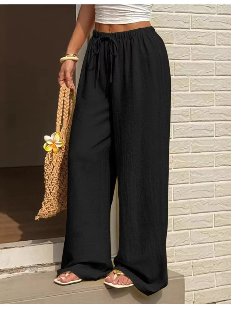Plus size wide leg drawstring pants front view