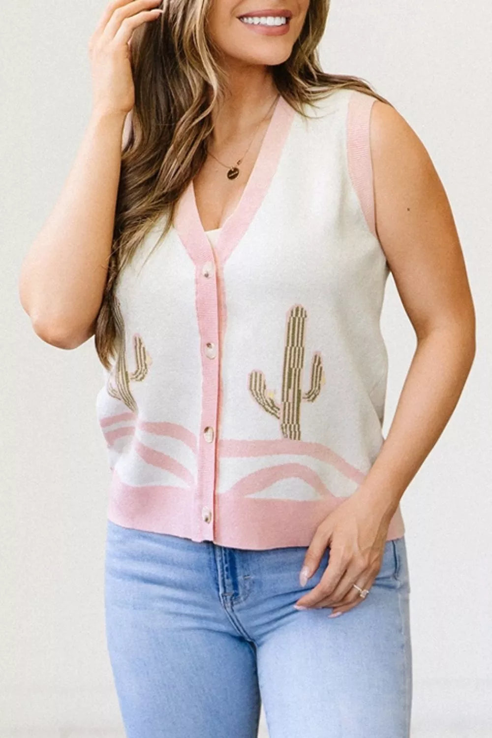 Cactus Pattern Button Front Western Sweater Vest, view 6