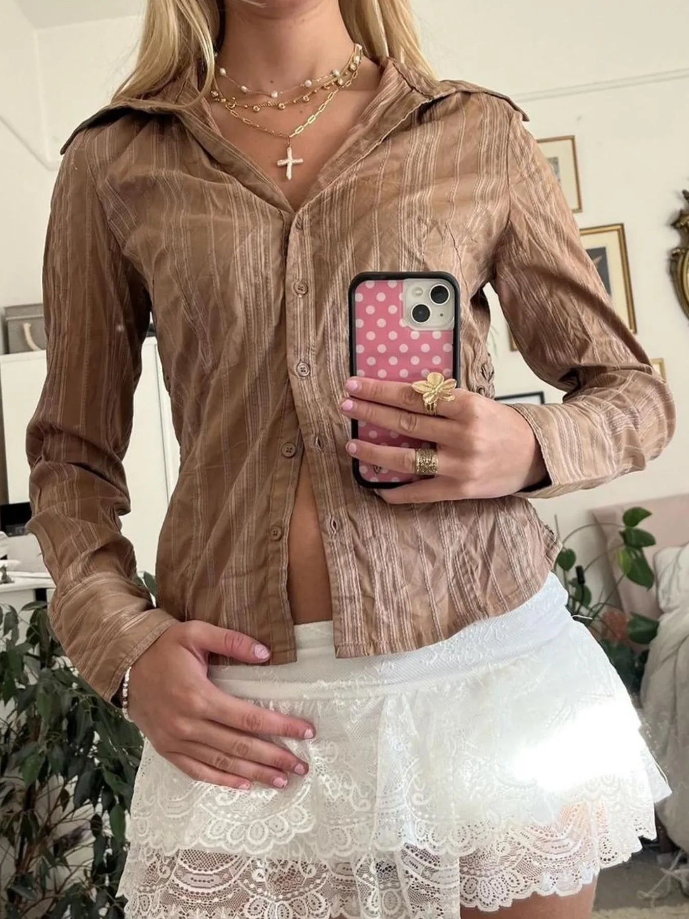 Printed Button-Down Long Sleeve Shirt Camel - Fashorio