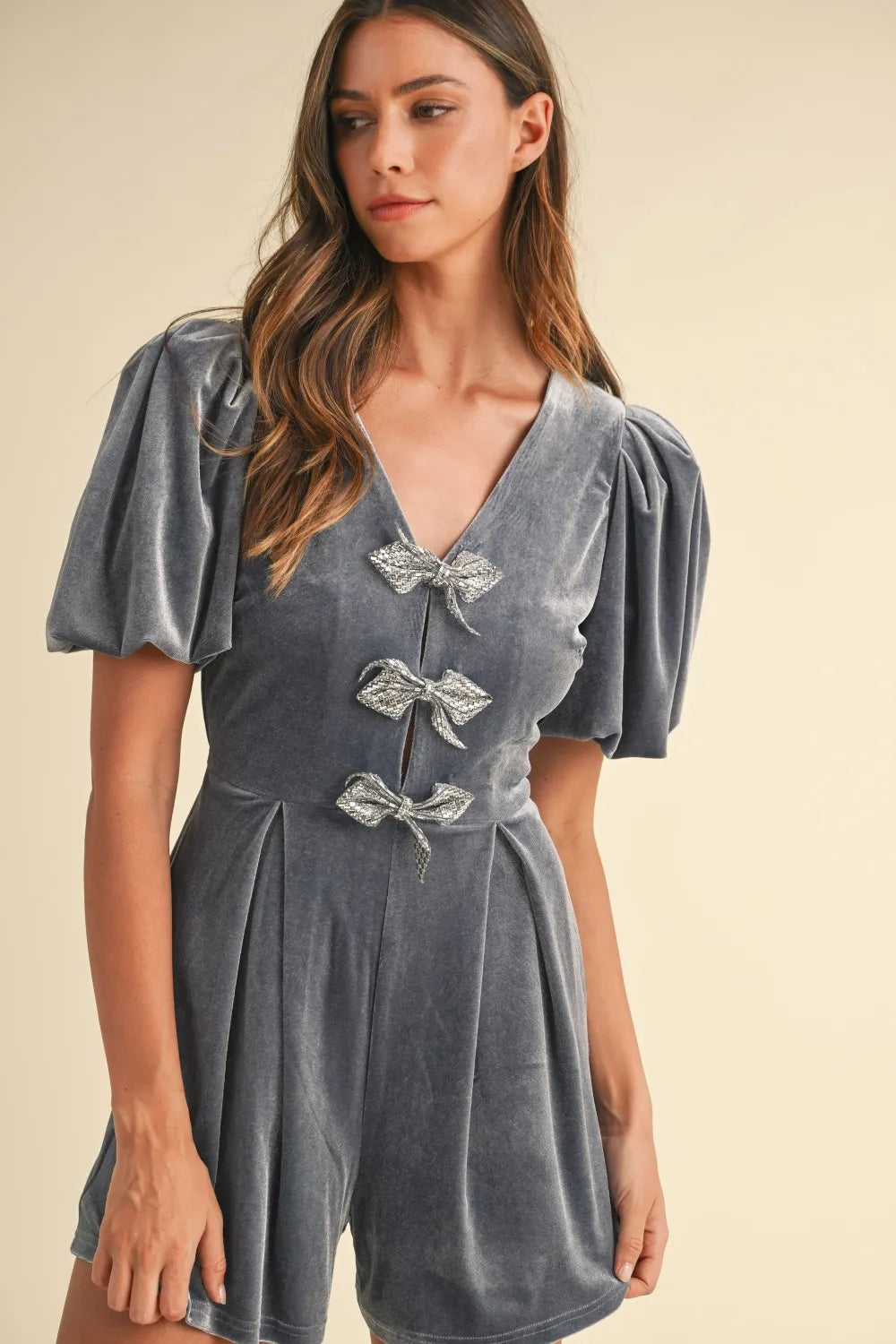 Jewel Bow Decor Puff Sleeve Velvet Romper styled look