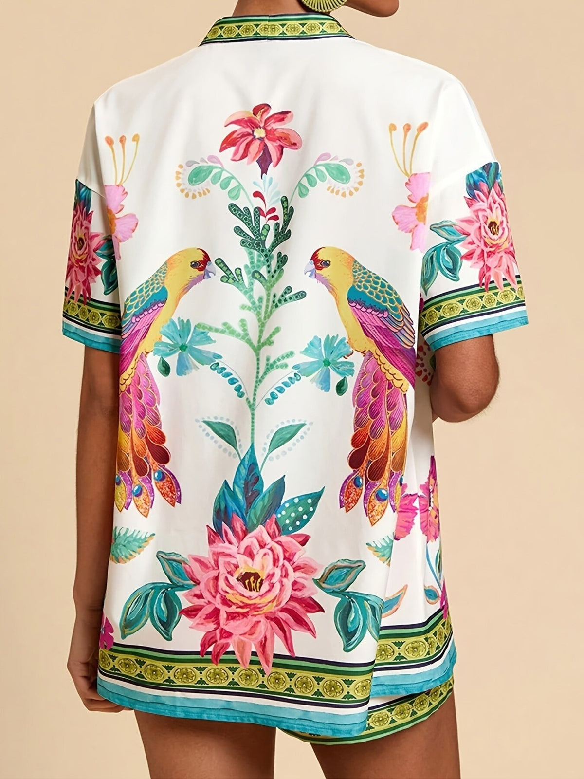 Printed cardigan and shorts set styled outfit