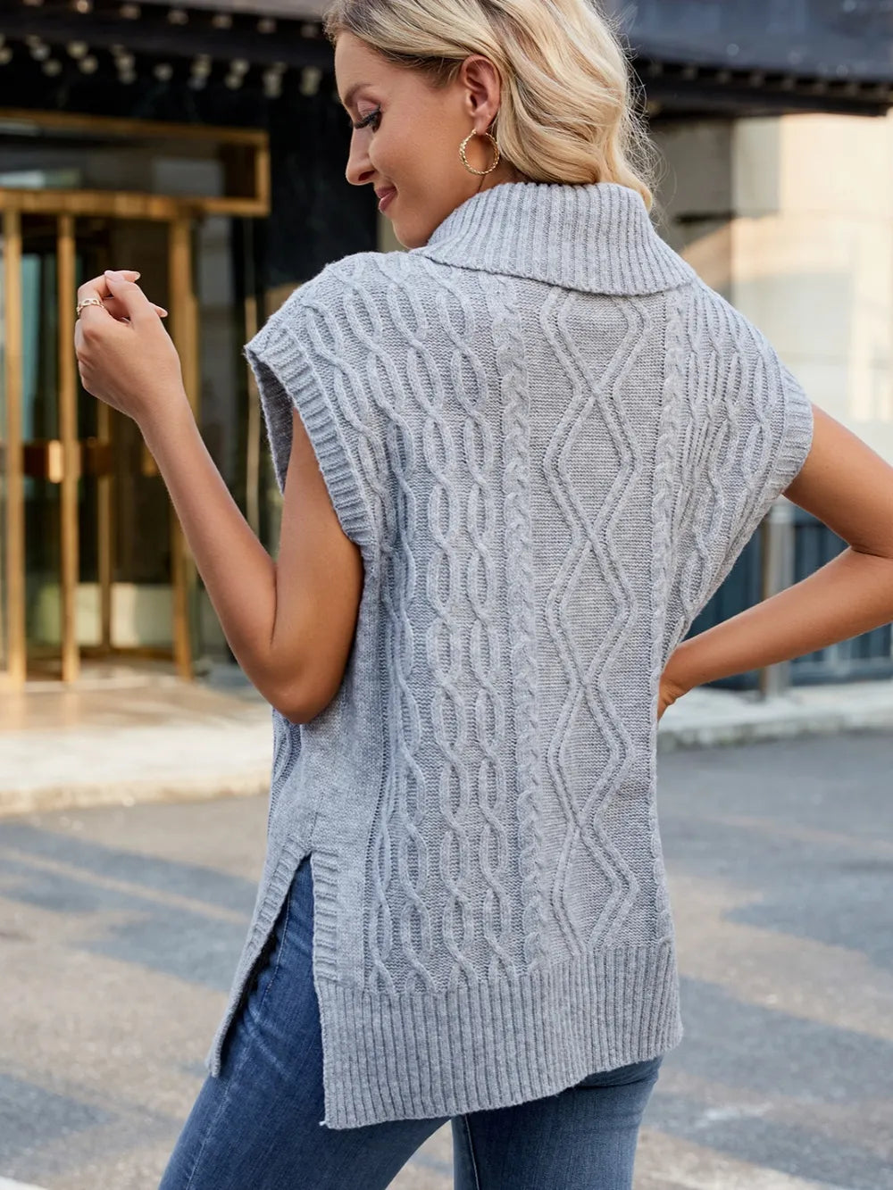 Side Slit Turtleneck Sweater Vest in Caramel close up