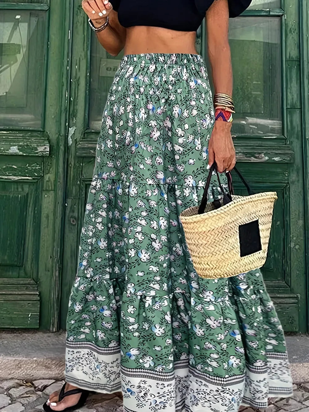 Purple printed elastic waist skirt