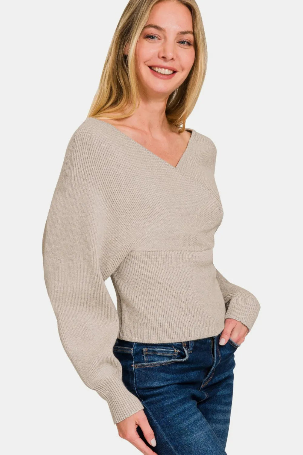 Cross Wrap Ribbed Long Sleeve Sweater in Mocha side view
