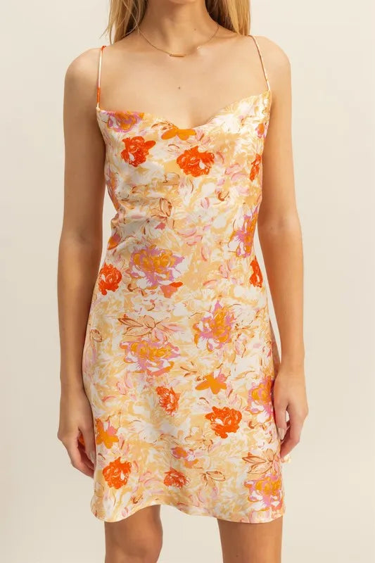Floral Cowl Neck Flirty Satin Mini Dress styled look
