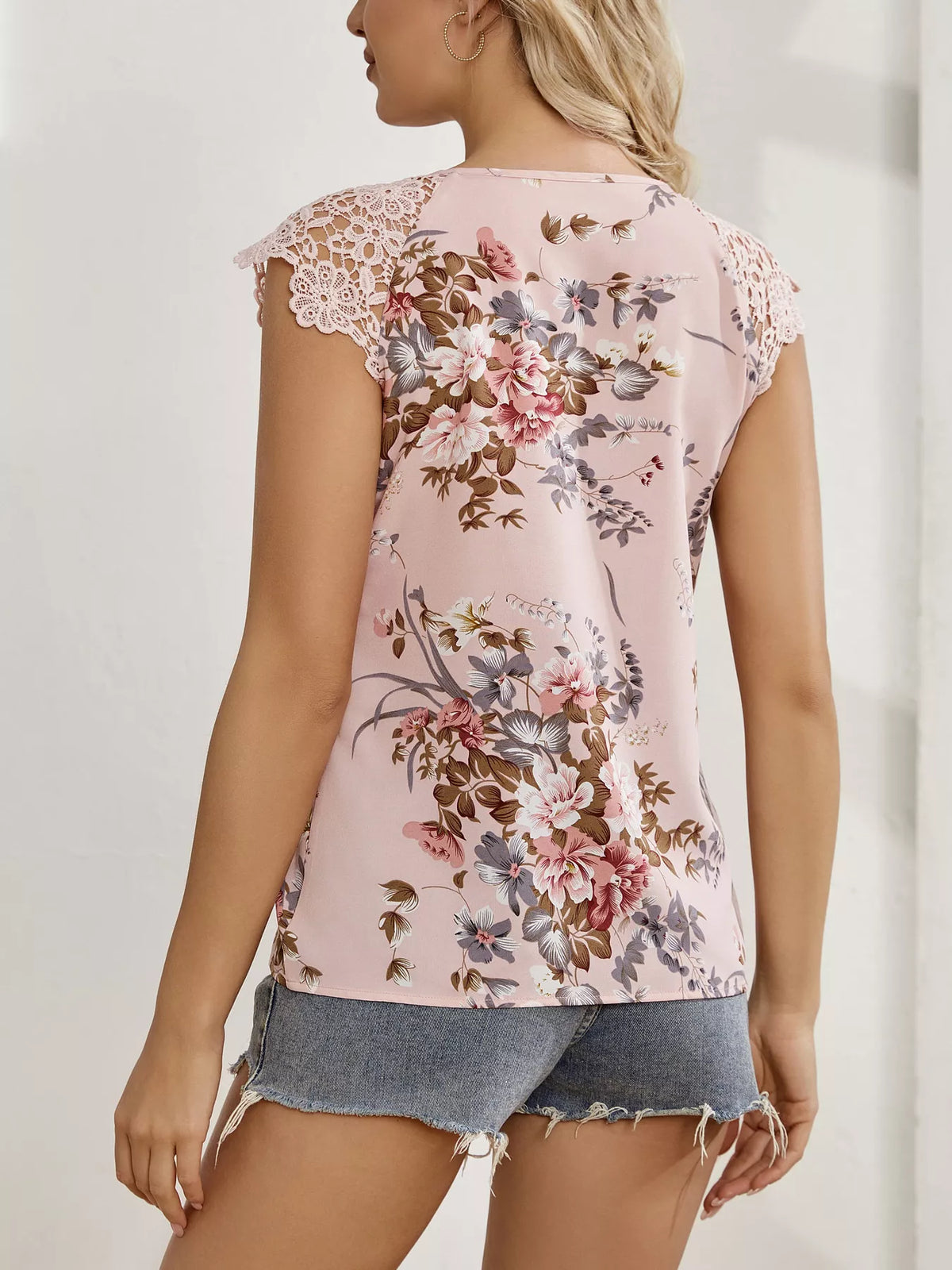 Pink floral lace trim blouse back view