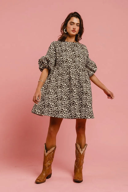 BiBi Leopard Denim Dress With Back Contrast Tie Detail - Fashorio
