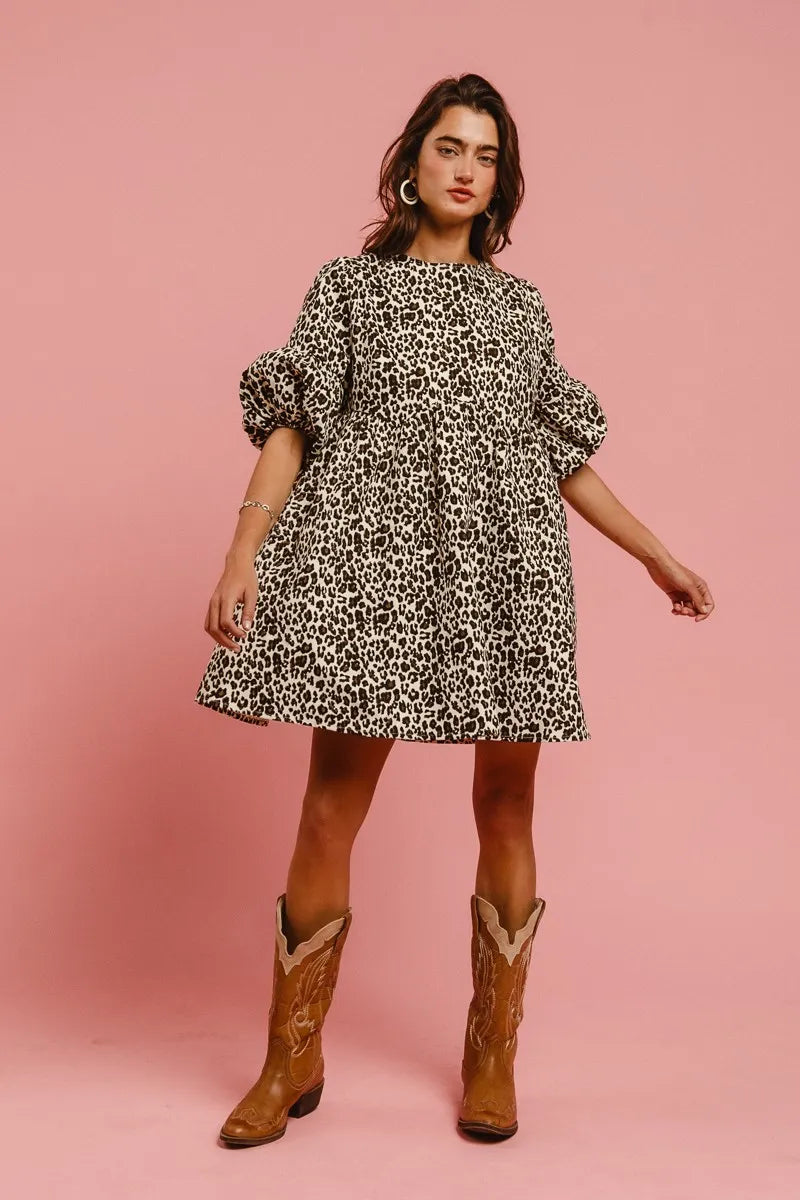 BiBi Leopard Denim Dress With Back Contrast Tie Detail - Fashorio
