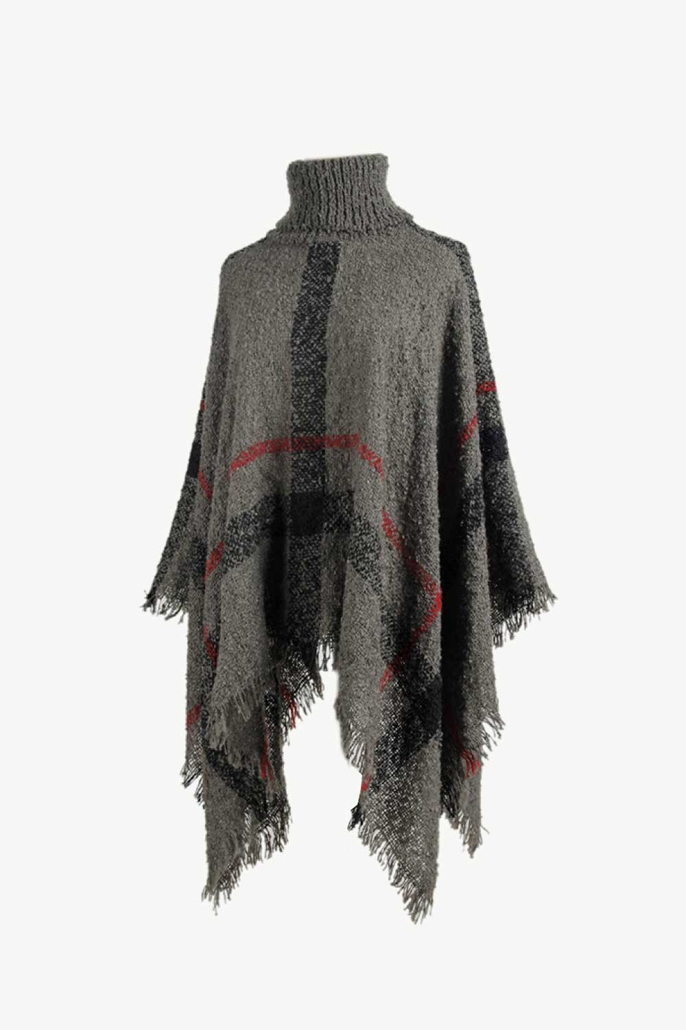 Plaid Turtleneck Raw Hem Poncho - Fashorio