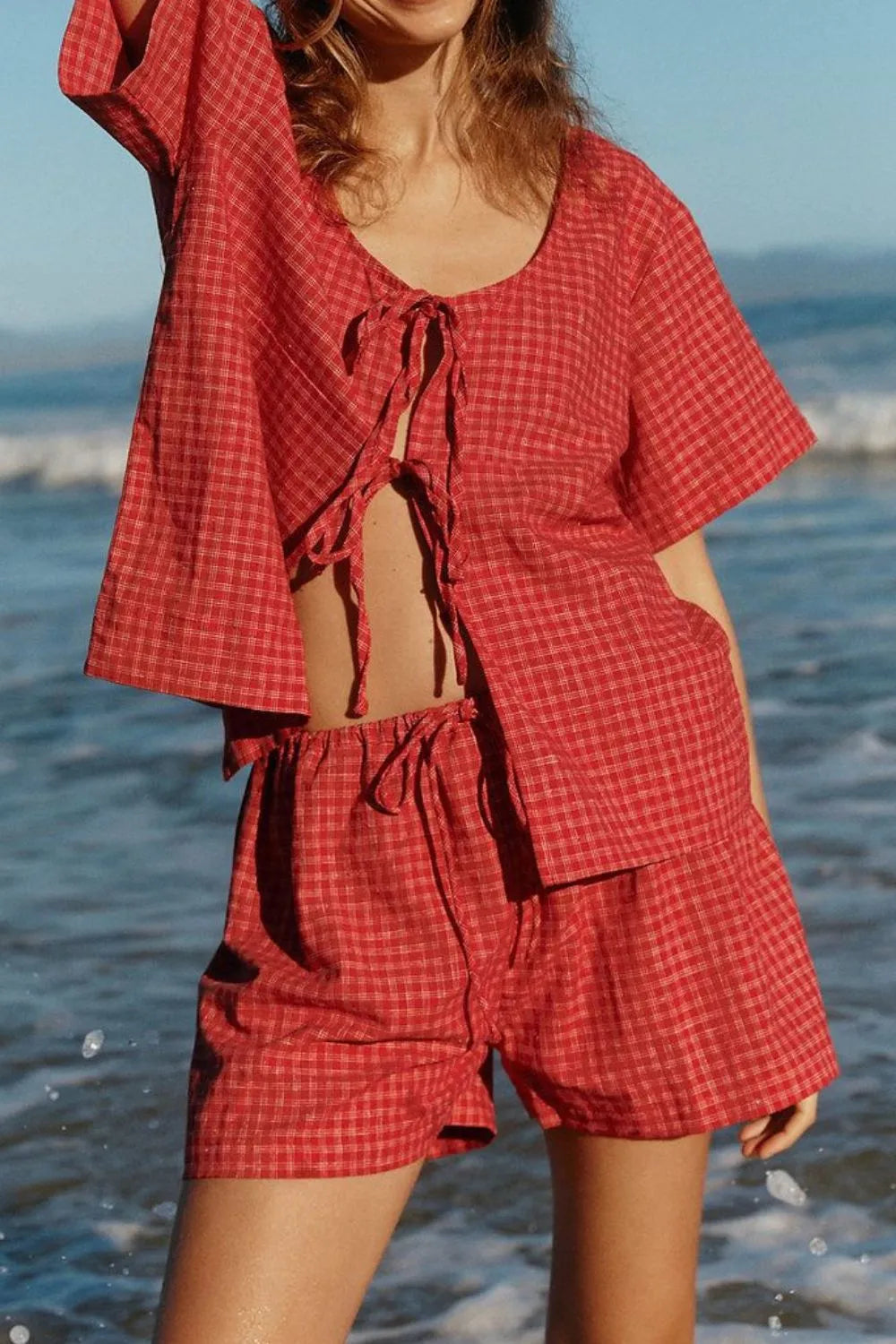 Plaid Tied Scoop Neck Short Sleeve Top and Drawstring Shorts Set side view