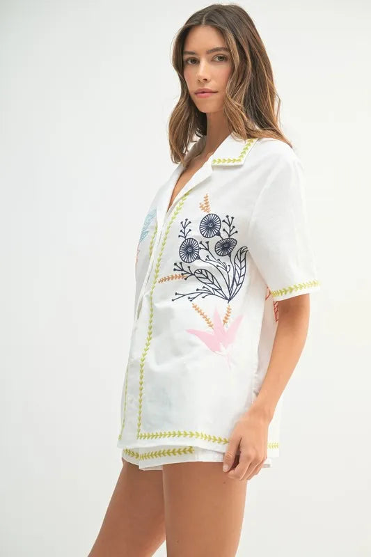 MABLE Embroidered Button Down Shirt and Shorts Set - Fashorio
