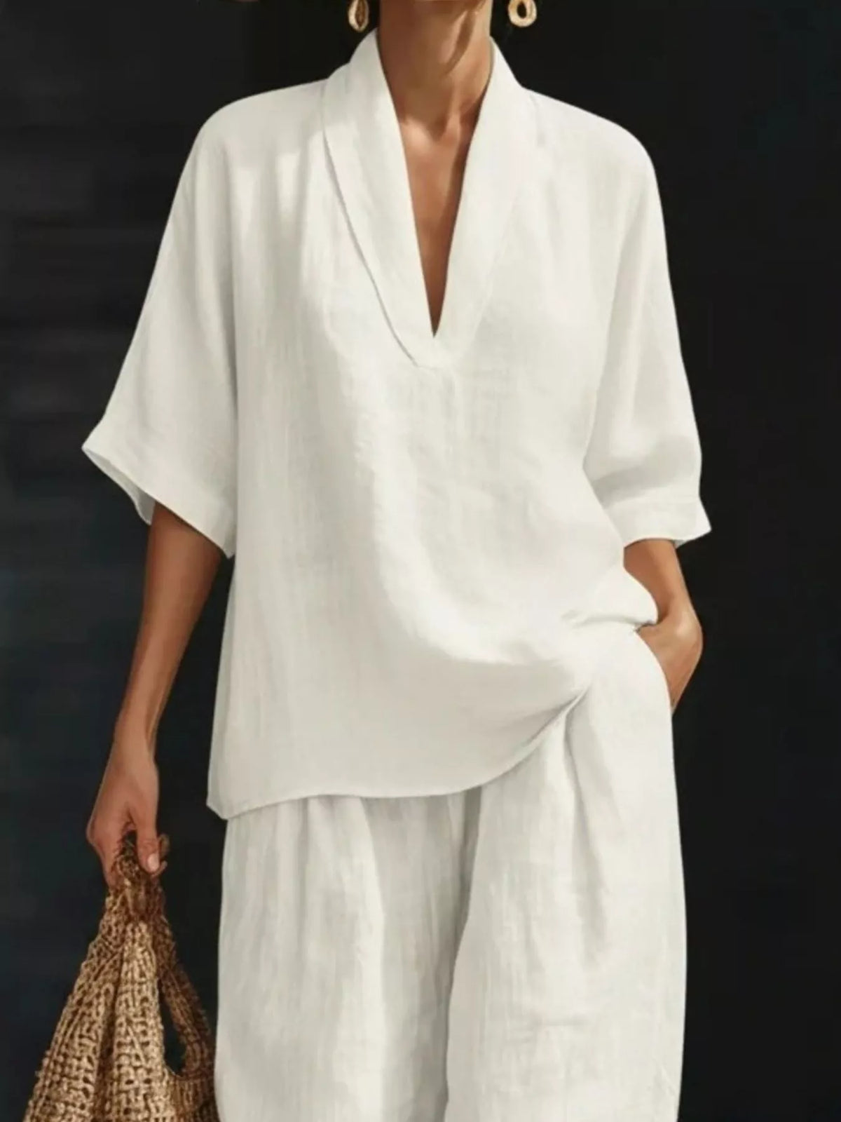 Coordinated half sleeve top and pants outfit full length